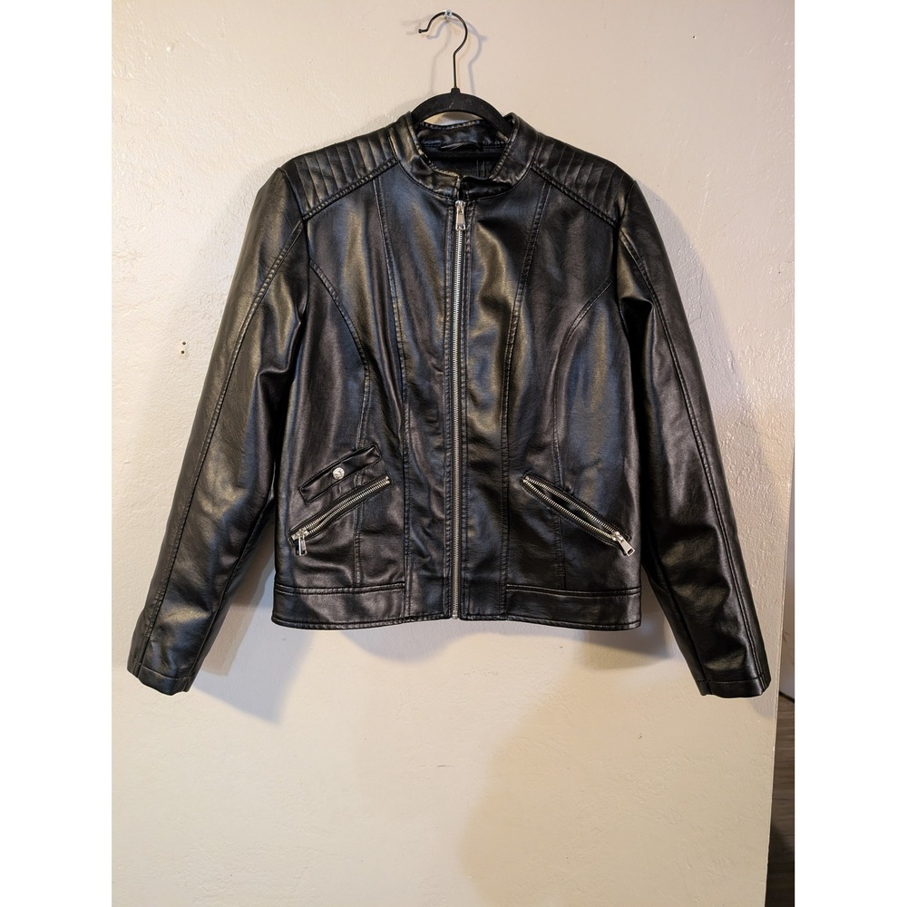 Fahsyee Women's Large Black Faux Leather Moto Jacket Quilted Biker Zip Up
